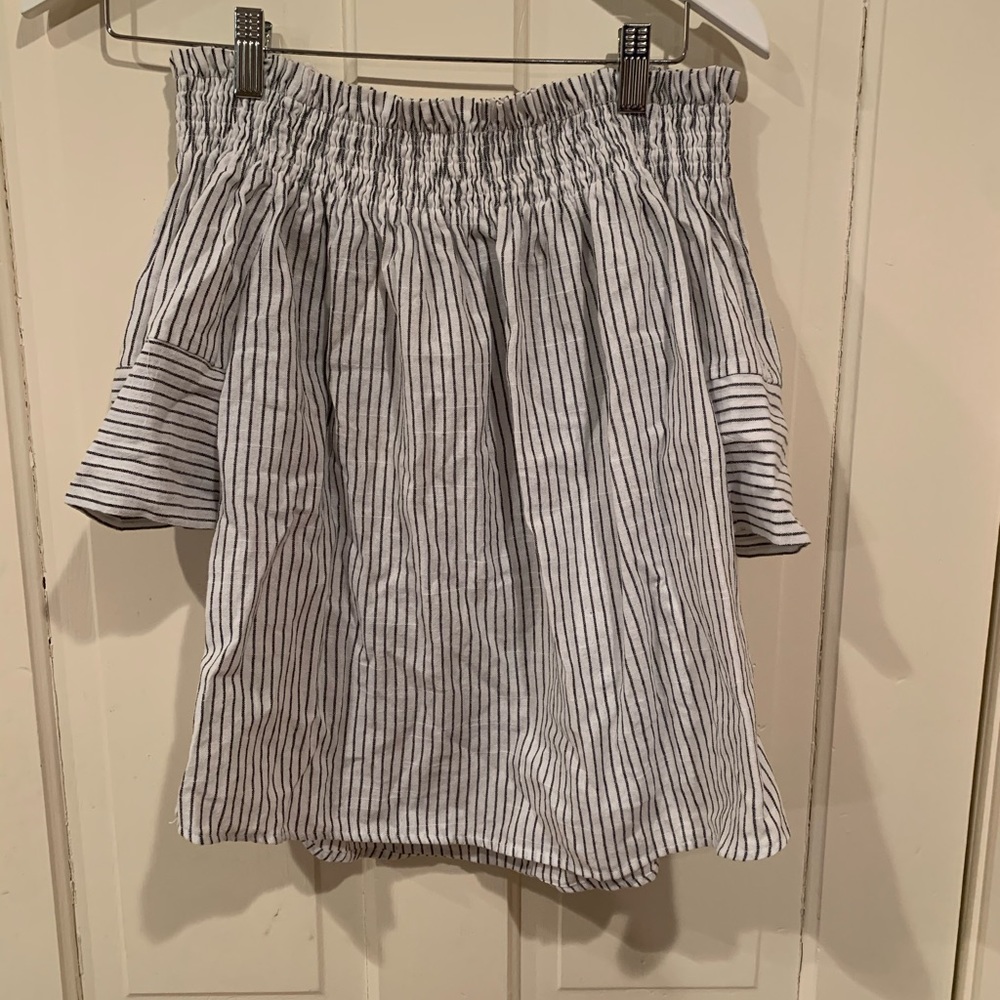 Off the shoulder blue and white shirt